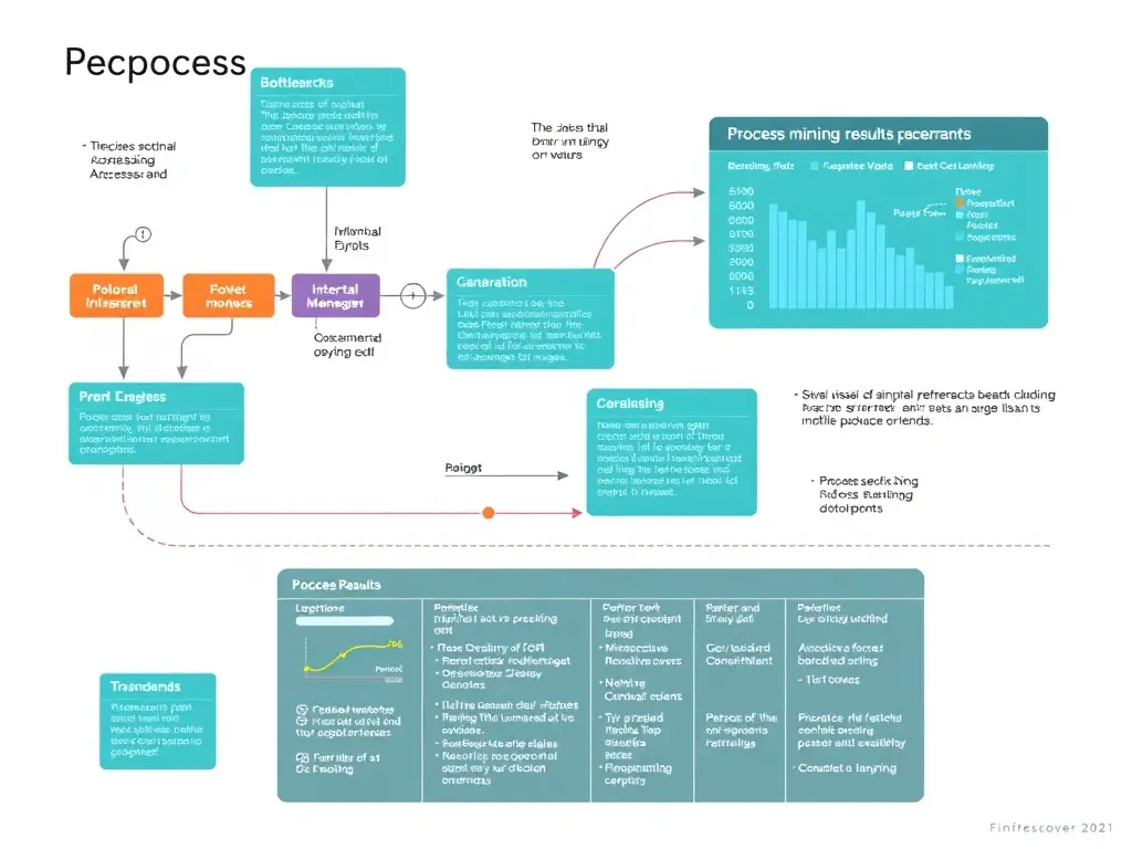 A visual representation of process mining results, showing bottlenecks and inefficiencies in a business process, with data overlays and annotations.